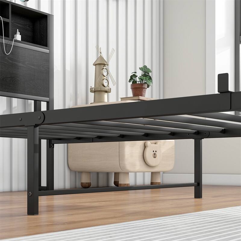Twin Size Bed Frame w/Storage,Metal Platform Bed with Charging Station