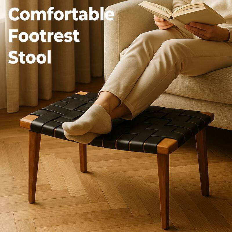 Genuine Leather Rene Stool Bench with Ash Wood Frame Seating