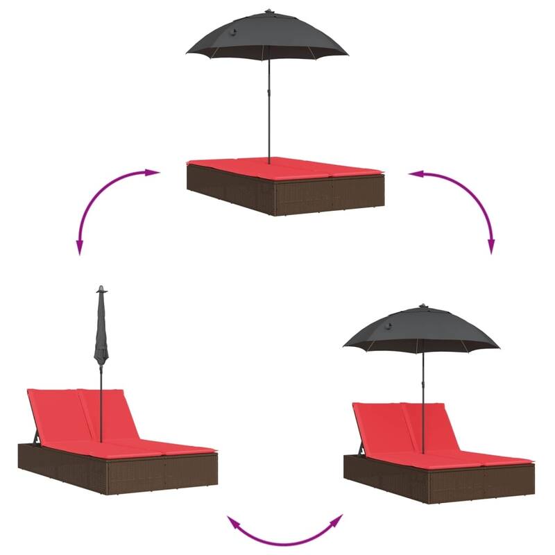 vidaXL Patio Double Sun Lounger&Cushions&Parasol Poly Rattan Brown/Gray/Black - 78.7" x 64.6" x 69.3"