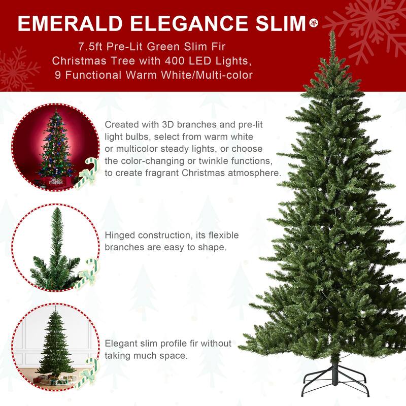 Glitzhome 7.5ft Pre-Lit Green Slim Fir Christmas Tree with 400 LED Lights