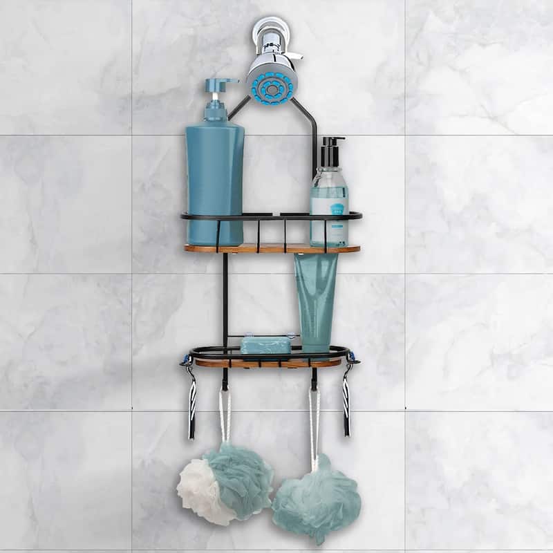 Utopia Alley Tia Rustproof Teak Overhead Shower Caddy with 2 Shelves, Hanging Shower Head Organizer, Chrome & Matte Black Finish