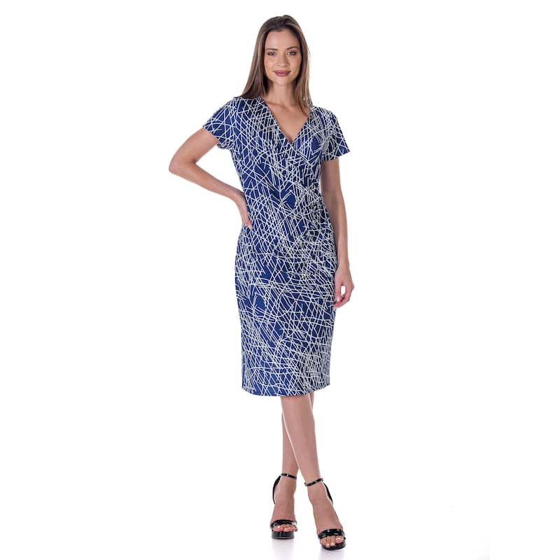 24seven Comfort Apparel Navy Geometric Print Knee Length Short Sleeve Faux Wrap Dress - Navy/White - L