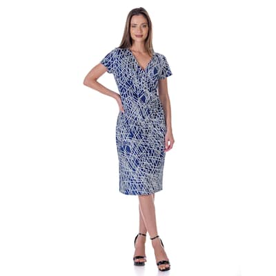 24seven Comfort Apparel Navy Geometric Print Knee Length Short Sleeve Faux Wrap Dress
