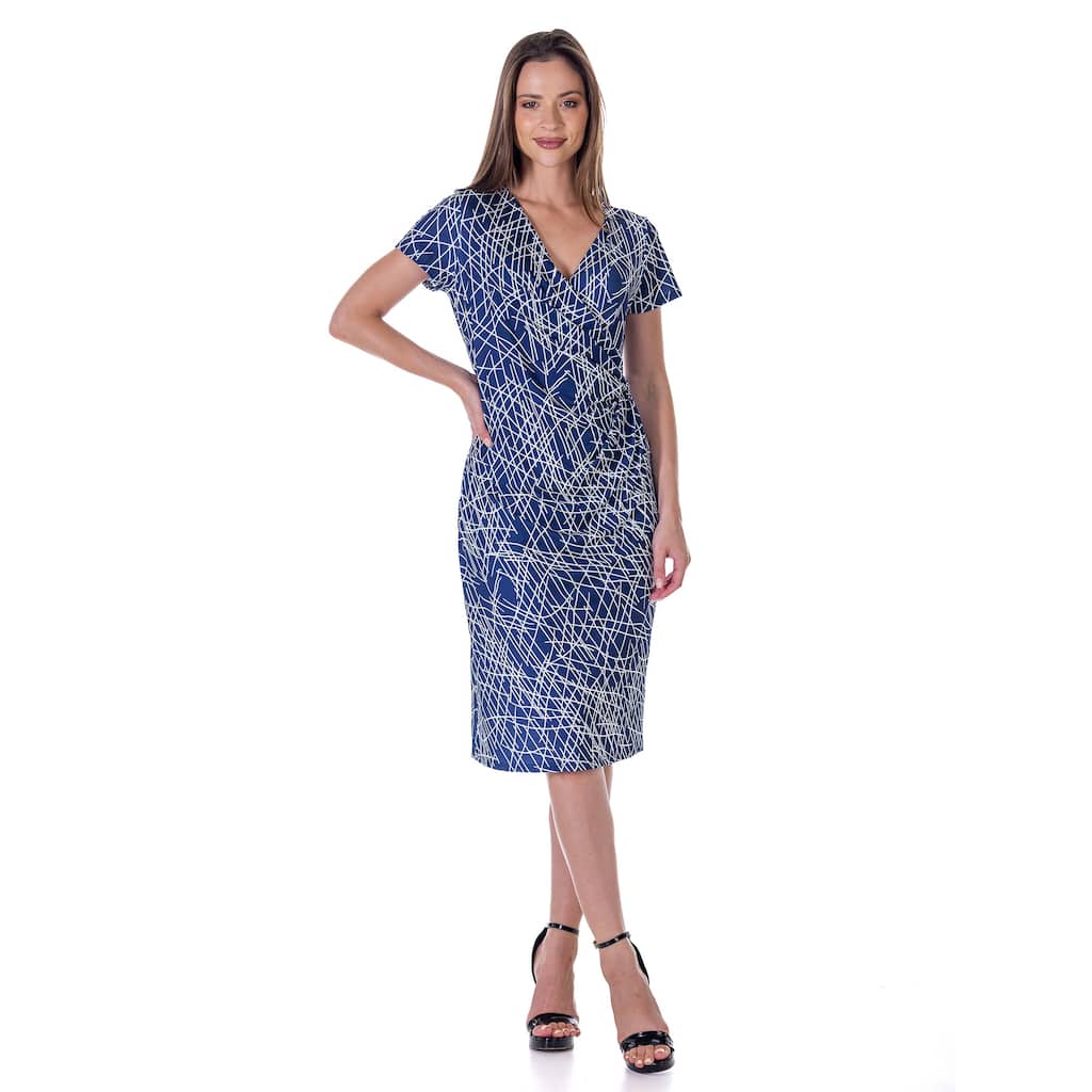 24seven Comfort Apparel Navy Geometric Print Knee Length Short Sleeve Faux Wrap Dress