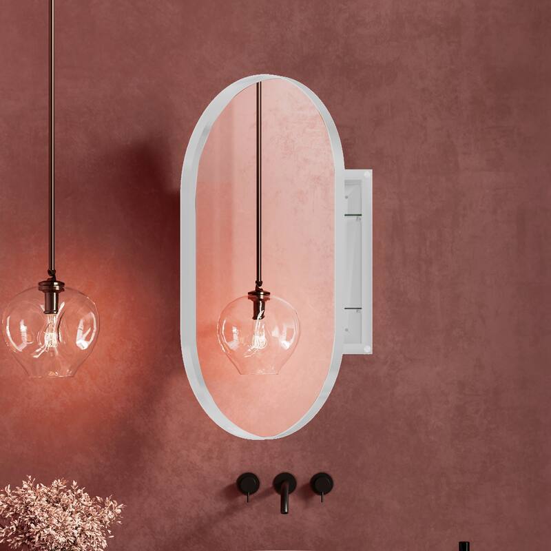 Oval Recessed Medicine Cabinet,Metal Framed Bathroom Wall Cabinet with Mirror and Adjustable Shelves,Wall Mirror with Storage