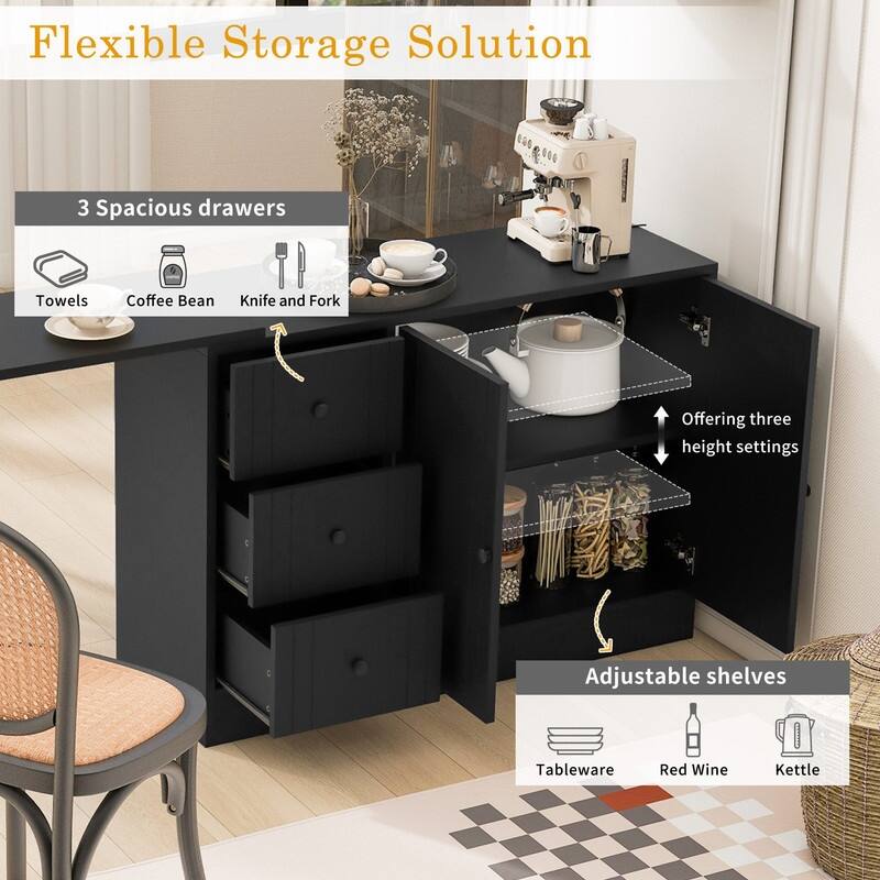Multifunctional 89.7" Wooden Sideboard with Extendable Table and Storage for Living Room Organization