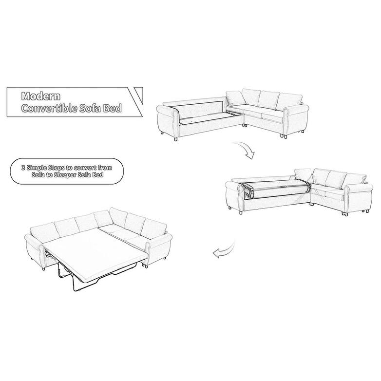 104" Polyester L-Shaped 6-Seater Sleeper Sofa with Pull-Out Queen Bed and 7 Removable Cushions