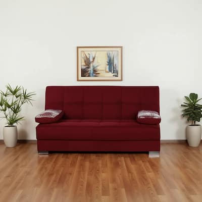 HomeRoots 75" Burgundy Chenille Convertible Futon Sleeper Sofa And Toss Pillows With Storage