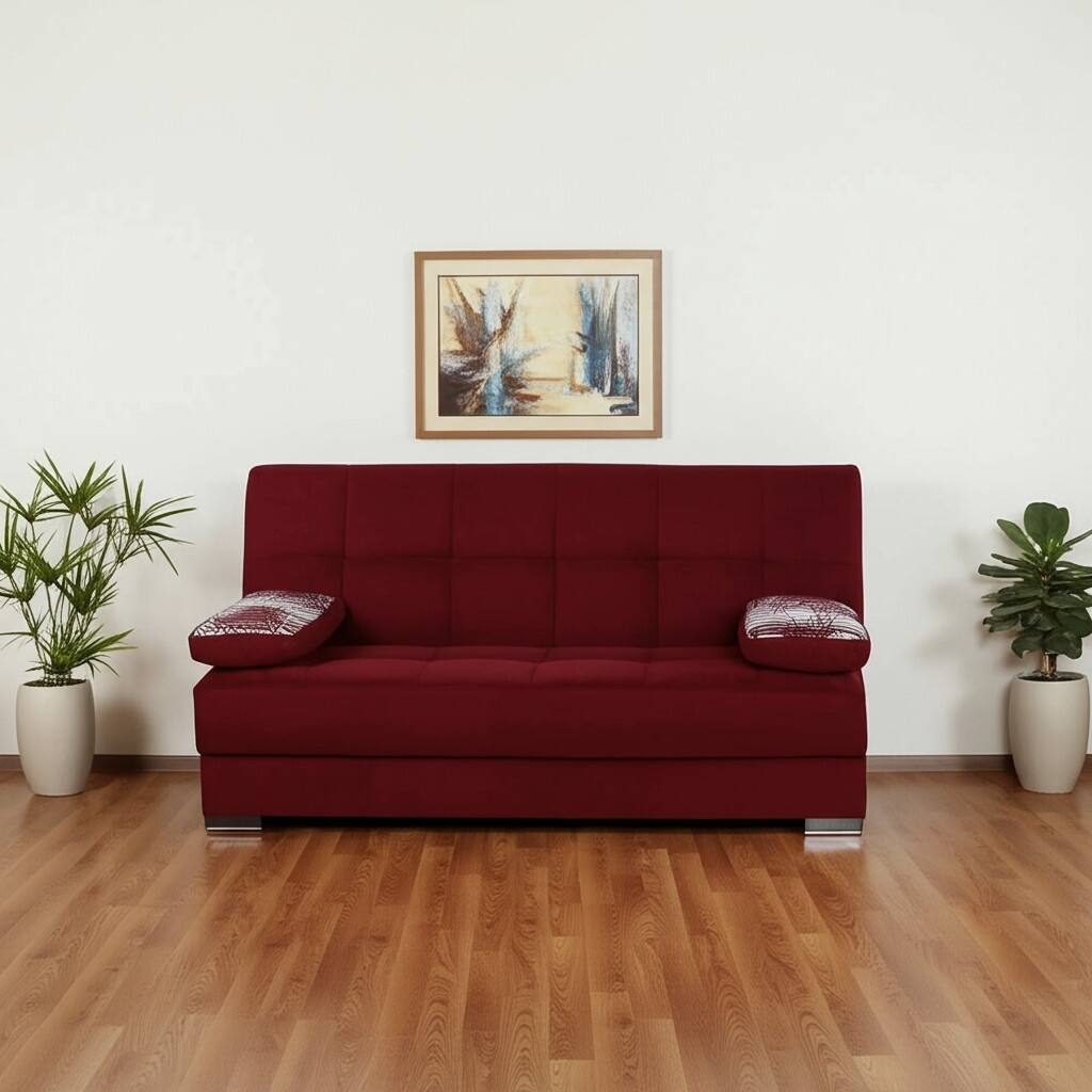 HomeRoots 75" Burgundy Chenille Convertible Futon Sleeper Sofa And Toss Pillows With Storage
