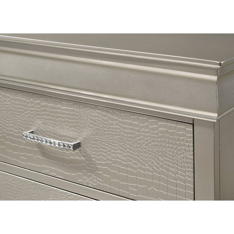 Gray Crocodile Embossed Nightstand with Crystal Pulls and Dovetail Drawer Construction