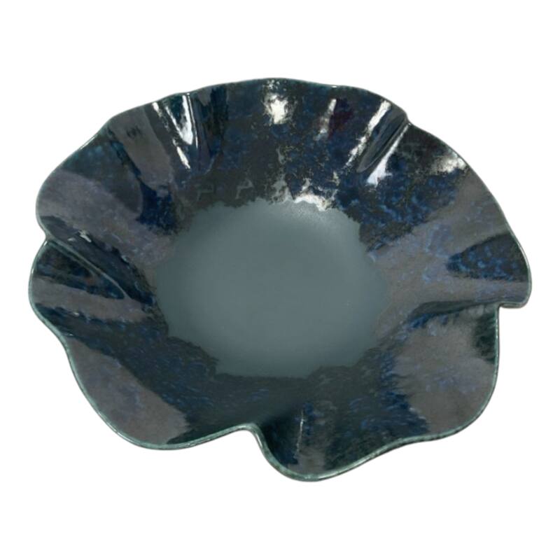 Decorative Round Wavy Edge Glazed Pottery Bowl - 16", Blue - 15.5"