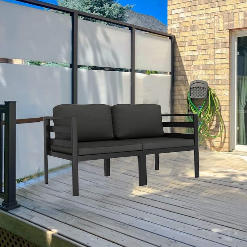 Shina 2pc Modular Outdoor Sofa Set, Black Aluminum, Polyester Fabric