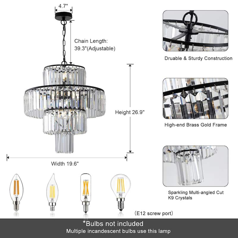 20" 4-Tier Crystal Chandelier with Black/Gold Finish for Living Room