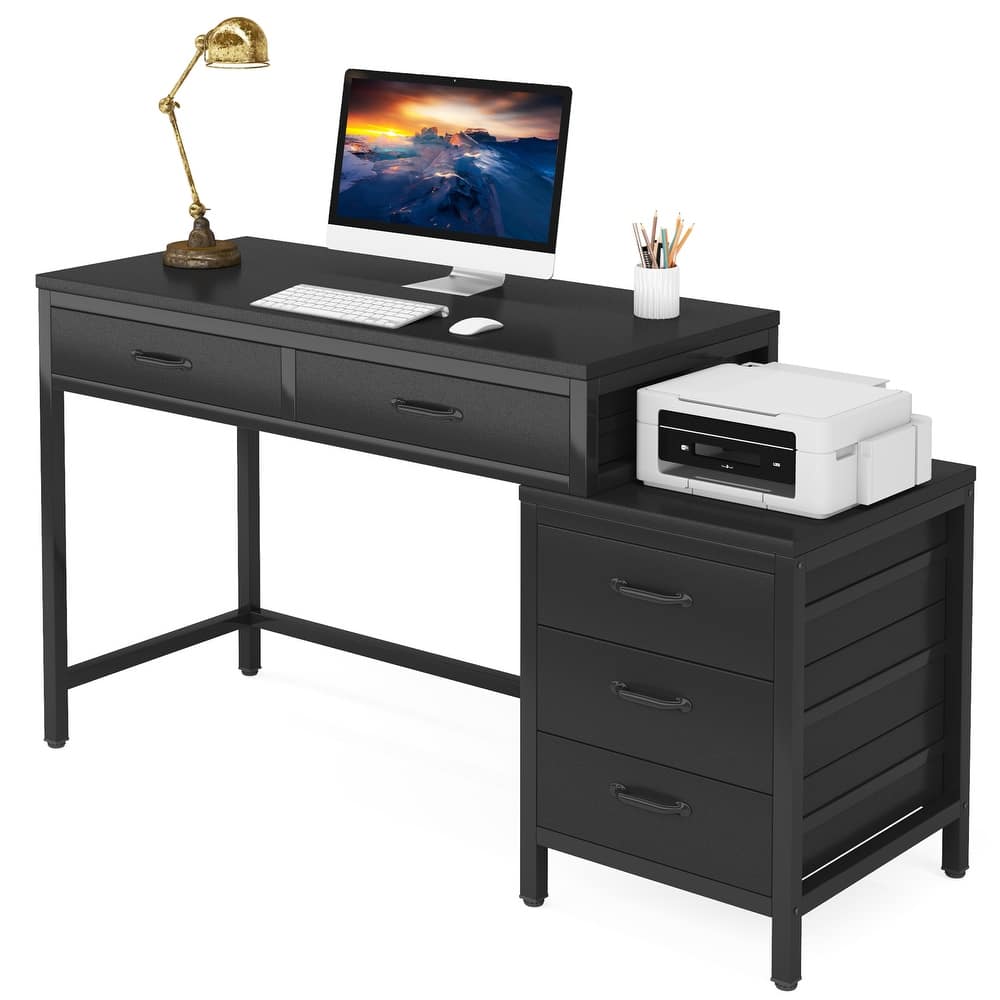 5 Drawers Computer Desk, Study Writing Desk with Reversible Filing Cabinet for Home Office