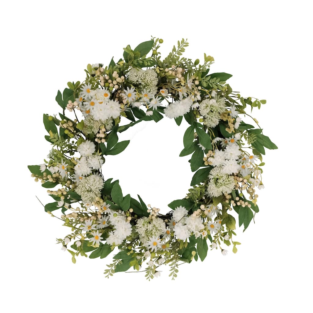 30" Green White Artificial Chrysanthemum Floral Spring Wreath
