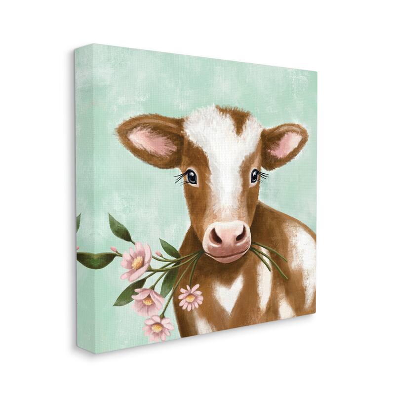 Stupell Baby Brown Cow Soft Eyes Pink Daisy Florals Canvas Wall Art - Green - 24 x 24