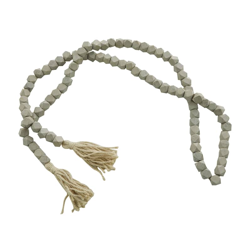 Mango Wood Handmade Hexagon Carved Geometric Long Beaded Garland with Tassel - Roche River Decor