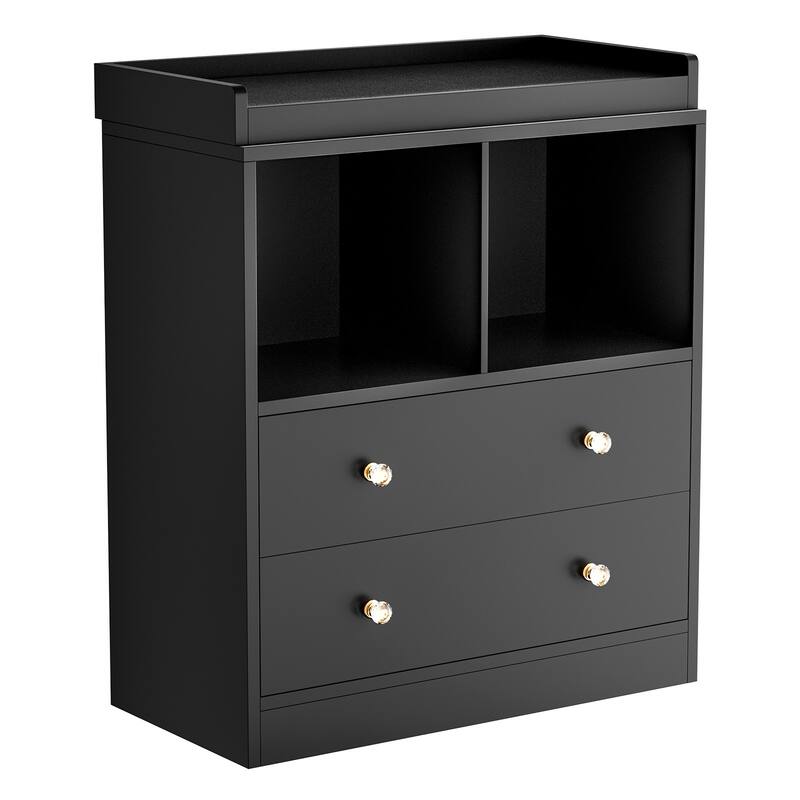 Changing Table With Pad, Modern Changing Station With 2 Drawers and 2 Open Compartments - Black