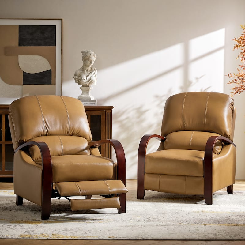 Alex Mid-century Modern Genuine Leather Manual Recliner with Wooden Curved Arms, Set of 2