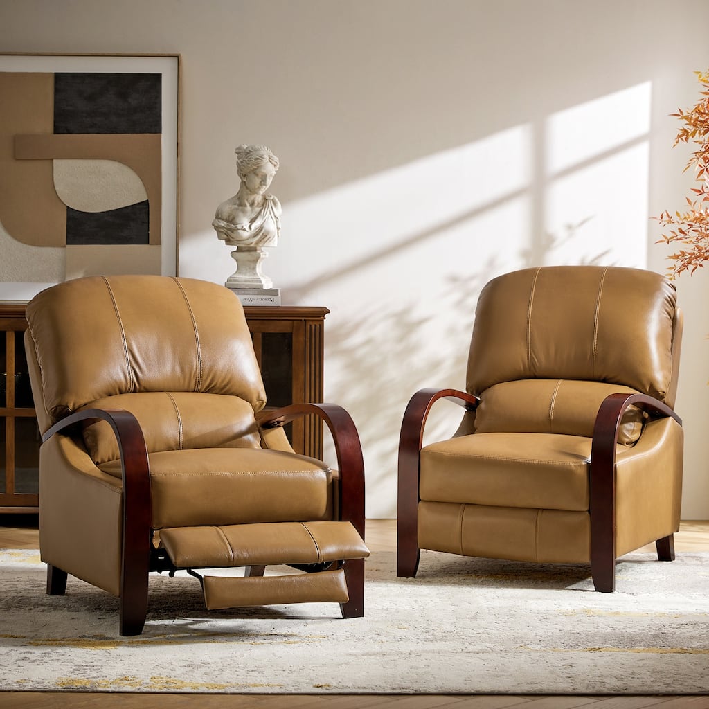 Alex Mid-century Modern Genuine Leather Manual Recliner with Wooden Curved Arms, Set of 2