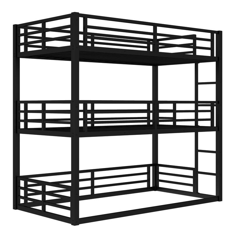 Roomfitters Twin/Full/ Queen Metal Triple Bunk Bed with Safety Guardrails, Heavy-Duty Noise-Reduced Frame, Black