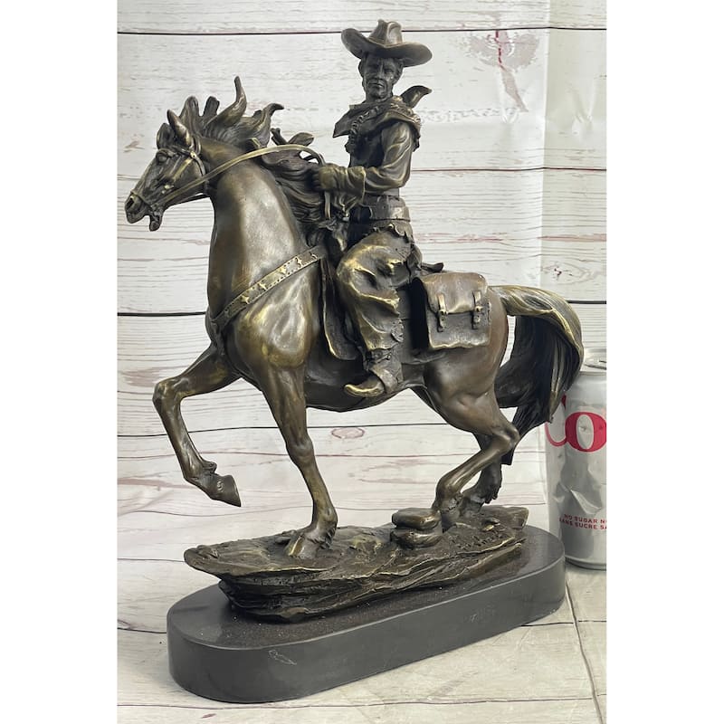 Miniature Bronze Cowboy On Imitative Horseback Statue Sculpture Figure Marble Base 14 Inches X 7 Inches