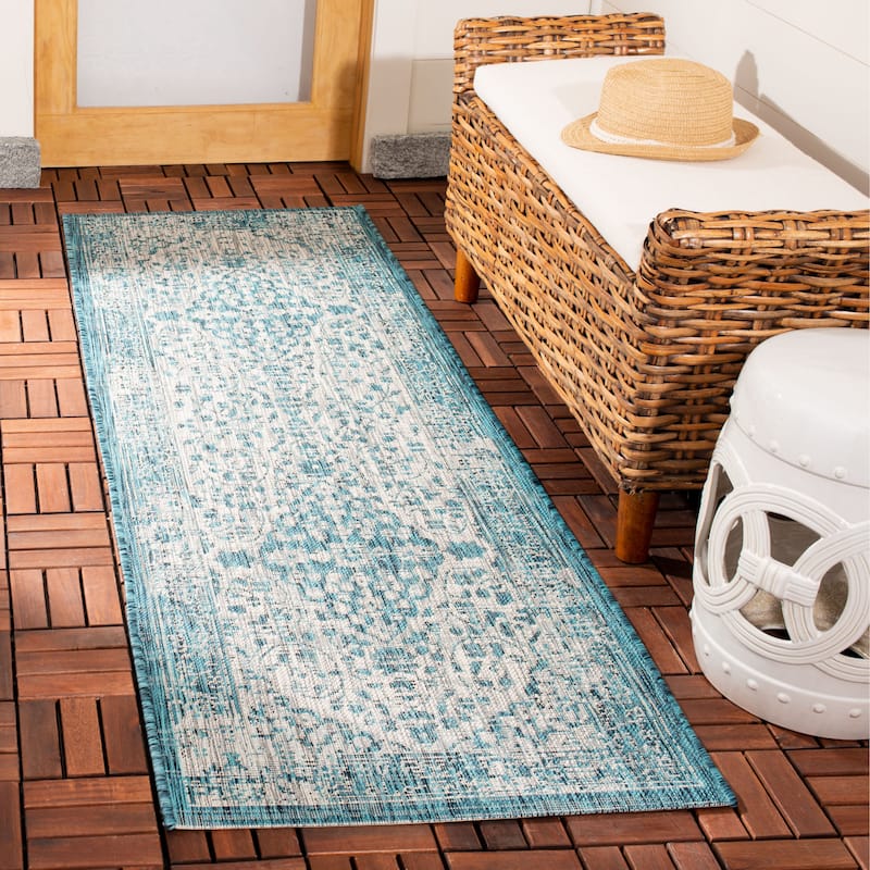 SAFAVIEH Courtyard Boud Indoor/ Outdoor Waterproof Patio Backyard Rug - 2'3" x 12' Runner - Teal/Cream