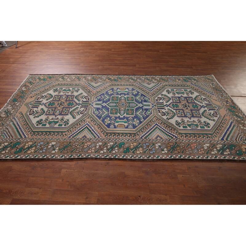 Beige Geometric Bakhtiari Vintage Persian Rug Handmade Wool Carpet - 4'10" x 9'9"