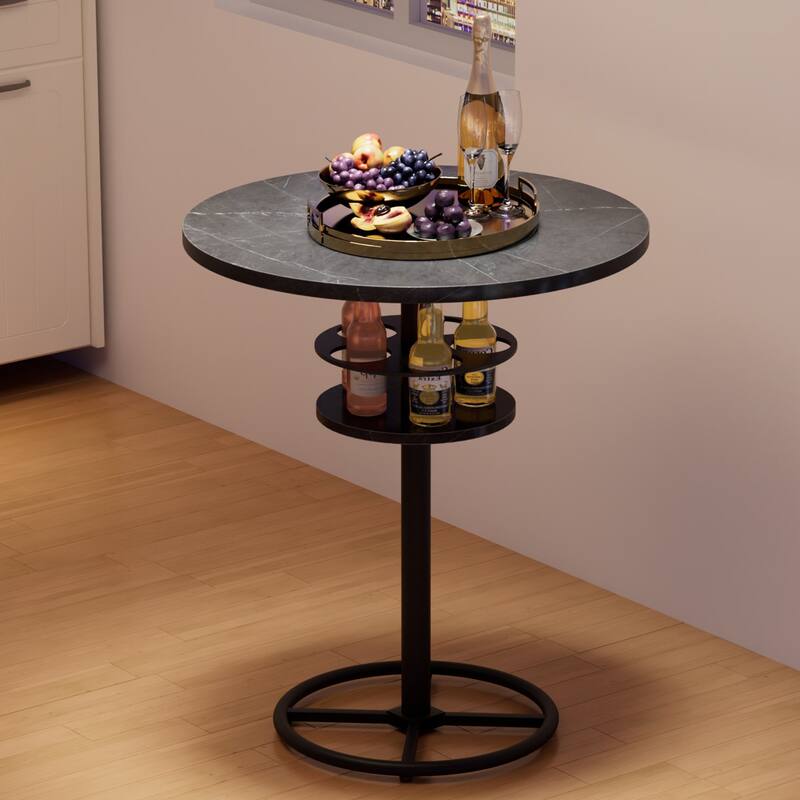 VECELO 23.6" Round Bar Table with Built-In Wine Rack 0.5 Inch MDF Top Waterproof Wear-Resistant for Home Game Nights - Bar Table - Marble
