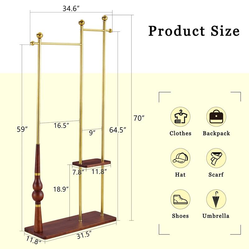 Industrial Coat Rack, Solid Wood and Stainless Steel Heavy Duty Clothing Stand with 2 Layer Storage