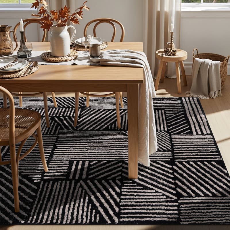 World Rug Gallery Contemporary Boho Stripes Black Area Rug