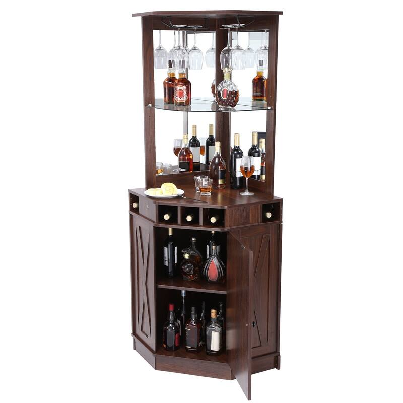 Freestanding Rustic Brown Wine Bar Cabinet for Home Corner 40 Bottle Rack with Glass Holder Shelves - 23.6 x 31.5 x 73.2 inch