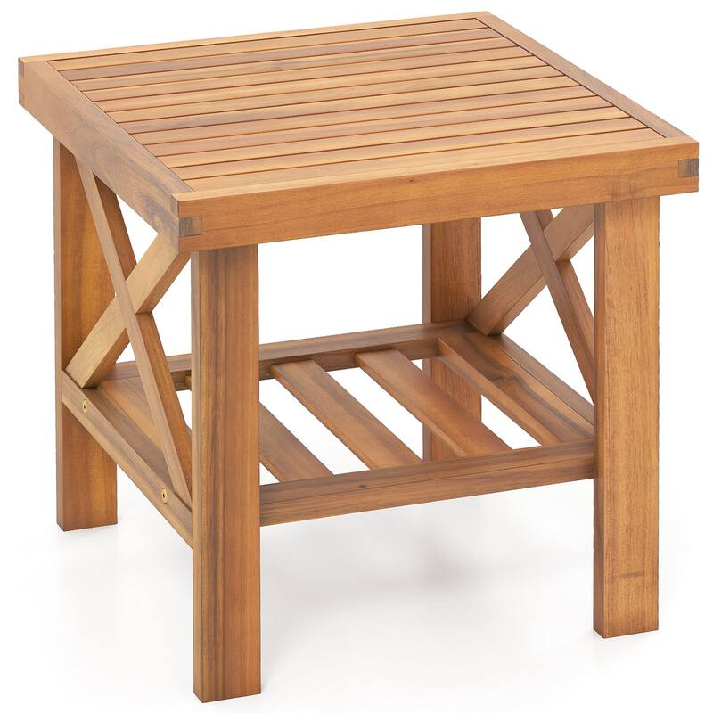 Gymax Outdoor Side Table Acacia Wood Adirondack Table w/ Storage Shelf