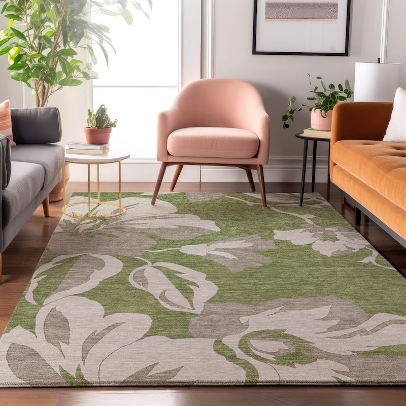 Premium Washable Super Soft Modern Floral Mayfield Rug - Olive - 2'6" x 3'10"