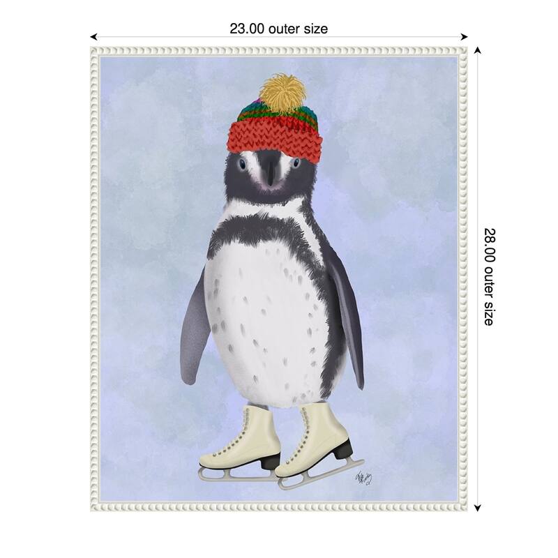 Penguin Ice Skating by Fab Funky (23 x 28 in.), Framed Canvas Wall Art Print - Sylvie Beaded White