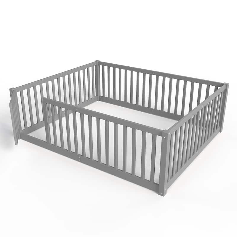 Montessori Floor Bed with Safety Guardrails & Door, Kids Low Profile Frame, Available in Queen/Full/Twin