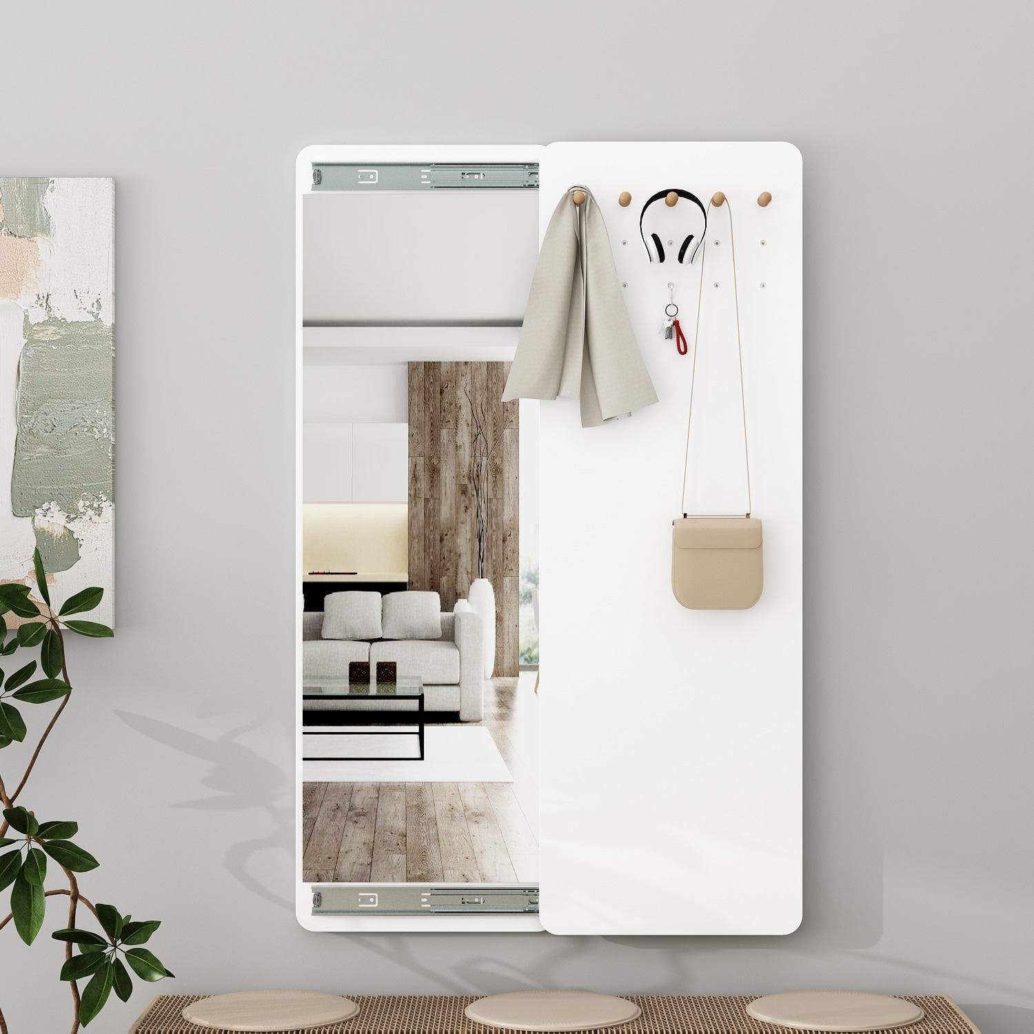 Modern White Full Length Mirror w Adjustable Coat Rack Mirror