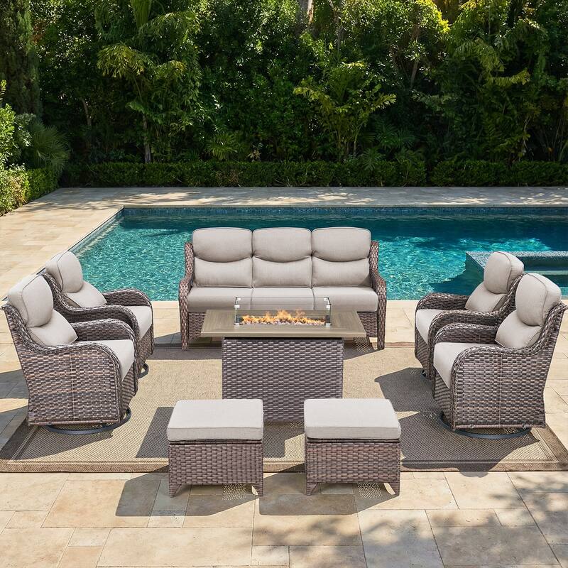 Pocassy Outdoor Fire Pit Sofa Swivel Chairs Ottoman Furniture Set - Brown Wicker Beige Cushion - 8-Piece Sofa Swivel Chair Ottoman w/ Fie Table