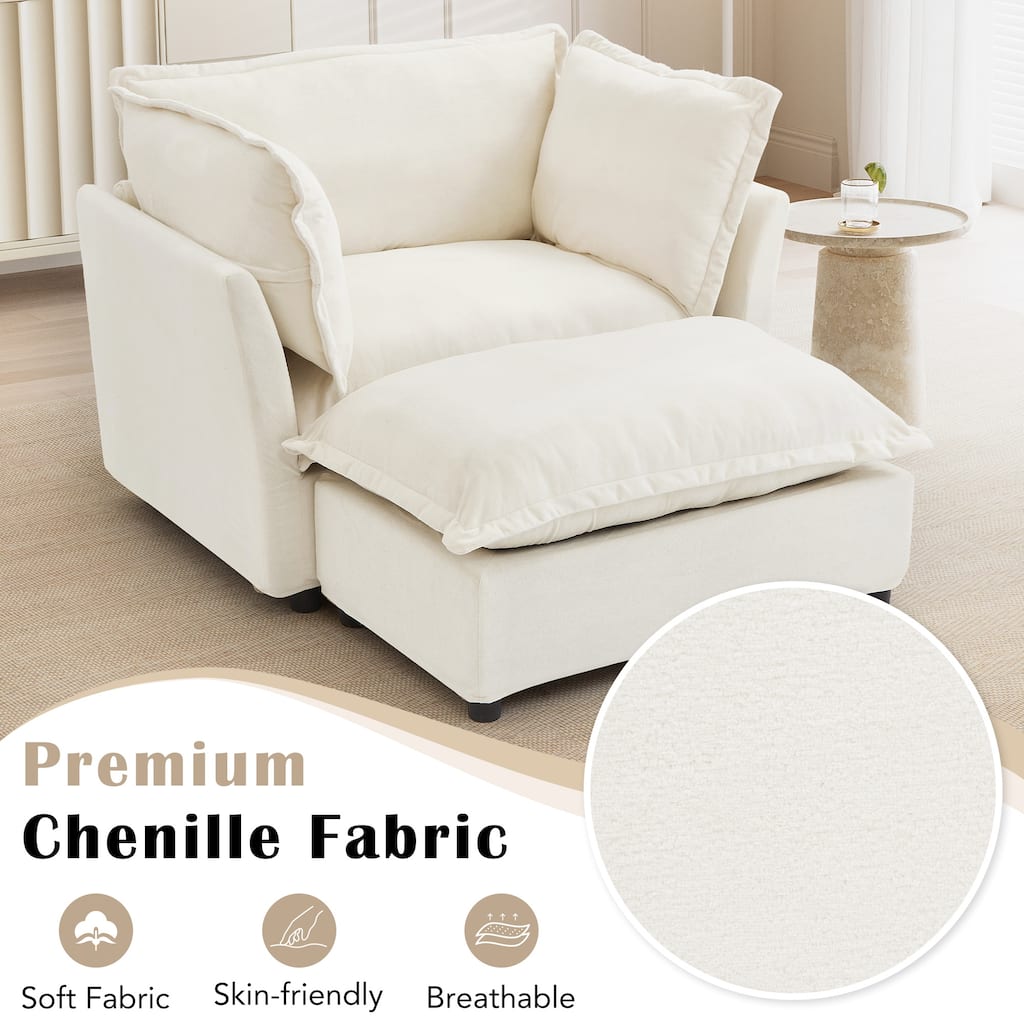 2-Piece Single Sofa Chair Set for Reading, Oversized Chenille Lounge Chair Accent Chair Armchair with Movable Ottoman