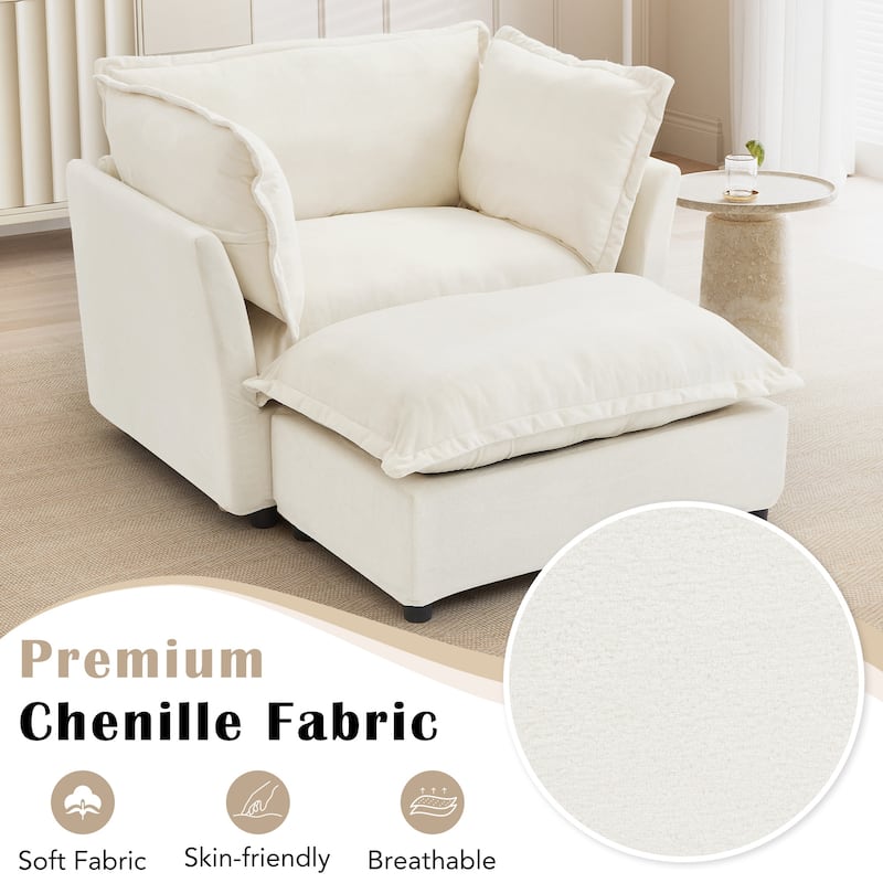 47" Upholstered Sofa Chair Accent Chair with Movable Ottoman, Oversized Chenille Single Sofa Armchair & Ottoman Sets - Beige