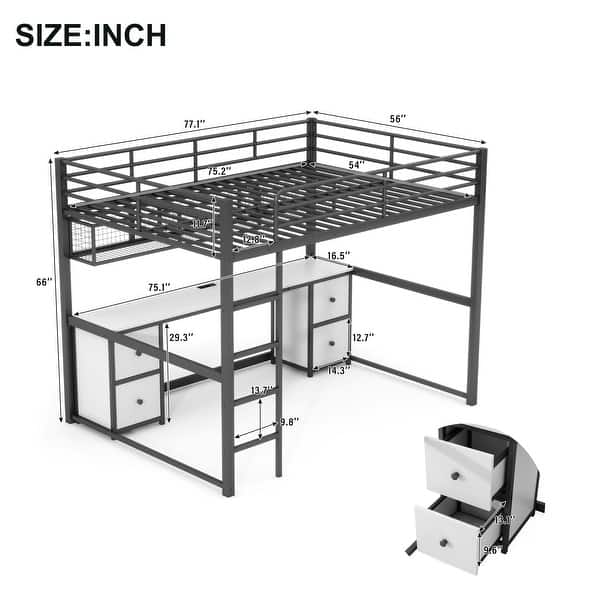 dimension image slide 0 of 2, Full Size Metal Loft Bed with Desk, Drawers and Bedside Tray, Charging Station, USB and Socket