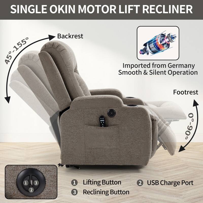 Single Motor Power Lift Recliner Chair with Massage, Heat, and USB Port - 350 lbs Capacity