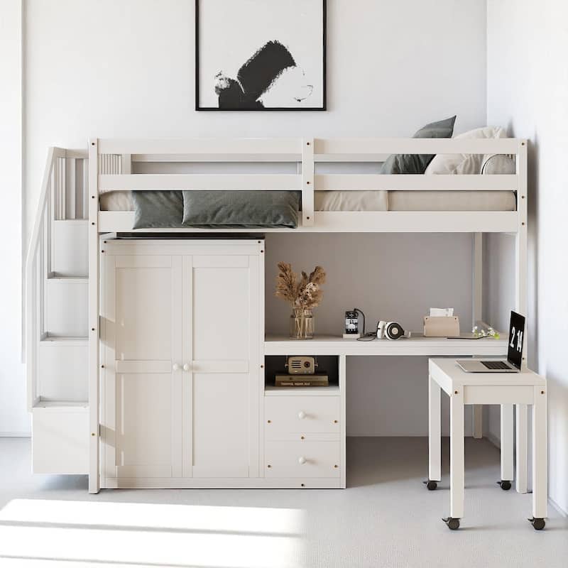 Twin/Full Size Loft Bed with Desk, Wardrobe, Drawers & Stairs, Wood Frame Study Bed with Storage for Kids/Teens