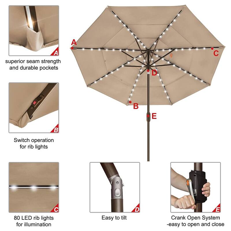 NonFading Sunumbrella Solar 9ft 3 Tiers Market Umbrella with LED