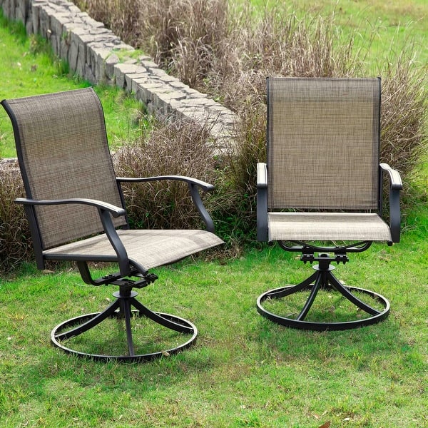 Brown Swivel Textilene and Iron Outdoor Patio Chairs with Powder-coated Finish