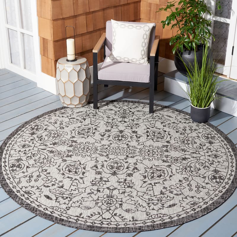 SAFAVIEH Courtyard Rochel Indoor/ Outdoor Waterproof Patio Backyard Rug - 6'7" Round - Grey/Black