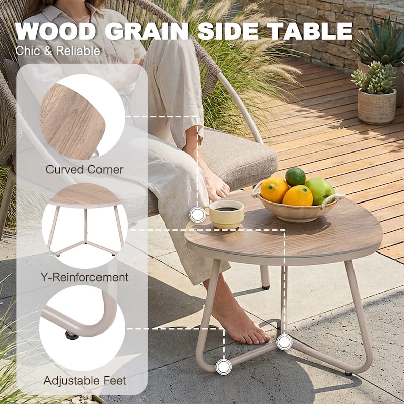 3PCS Metal and PE Wicker Patio Bistro Set with Zippered Cushions, Wood-Grain Tabletop