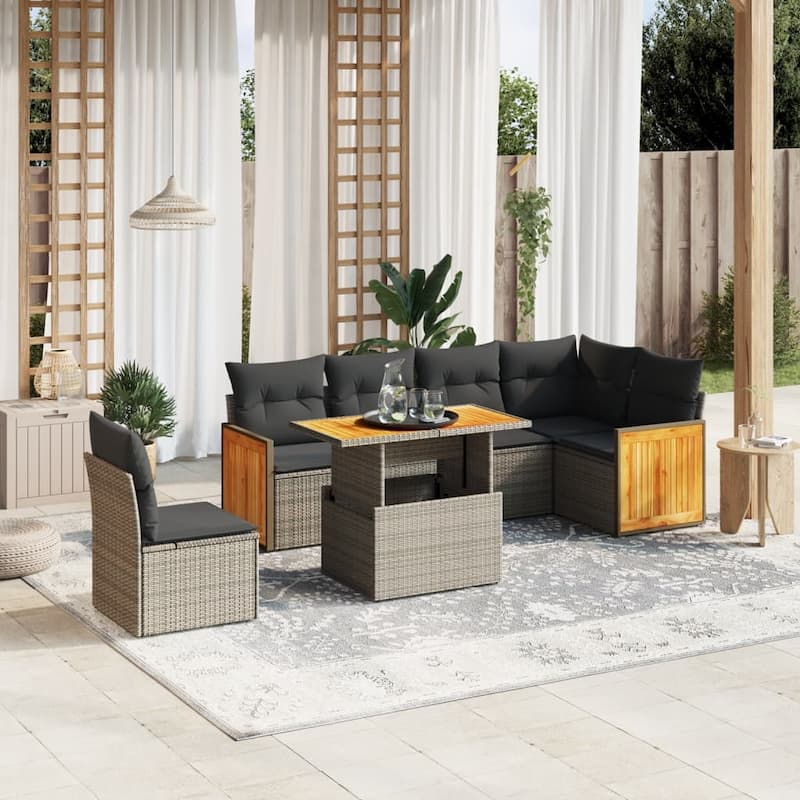 vidaXL Patio Sofa Set with Cushions Outdoor Furniture 7 Piece Poly Rattan - 21.7 x 39.4 x 28.7 in - Grey