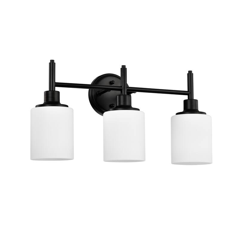 21 in. 3-Light Matte Black Finish Vanity Light with White Glass Shades - 21.6 in. L x 6.75 in. W x 10.6 in. H