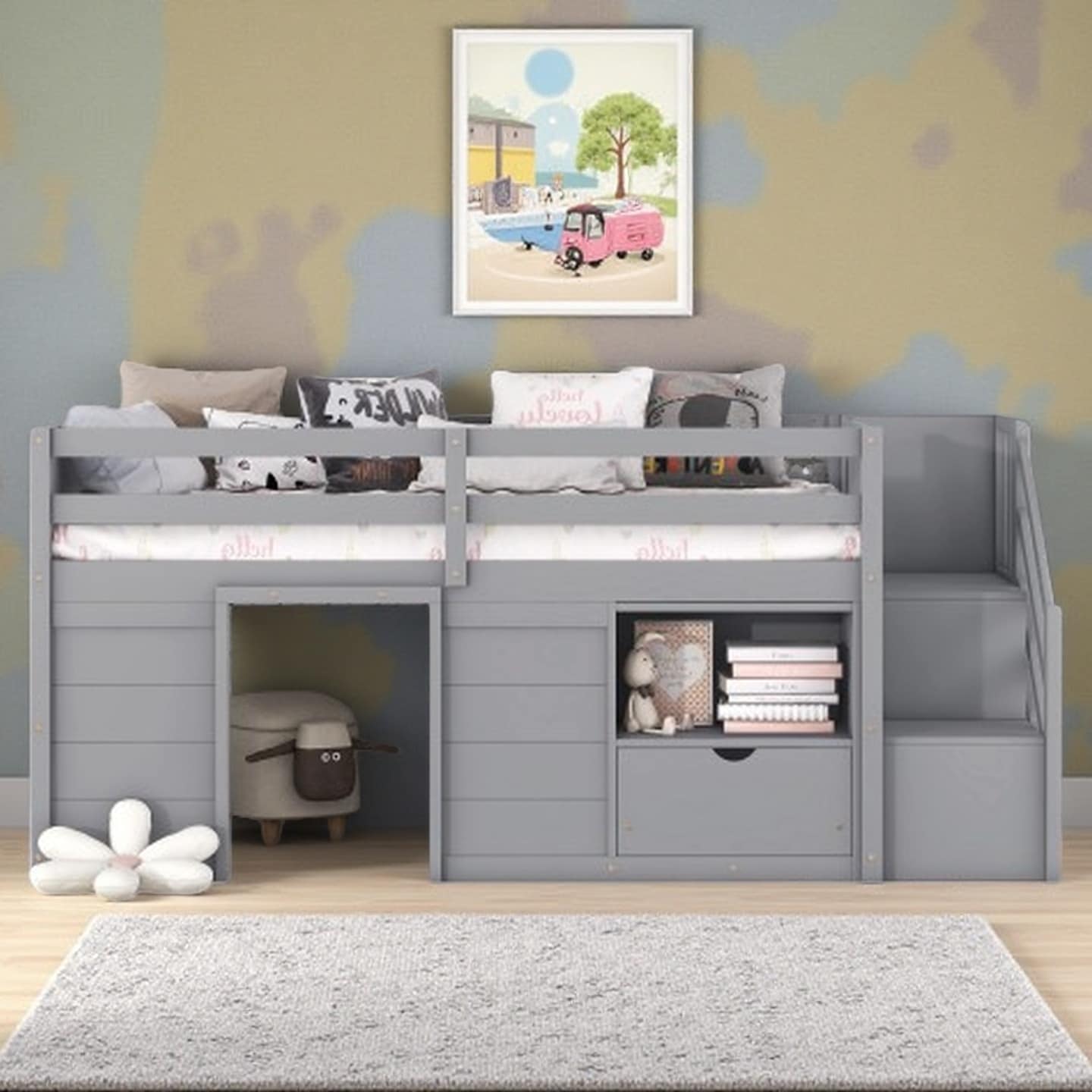 Twin Low Loft Bed with Staircase, Drawer, Shelf, and Playhouse Design - Solid Wood Construction
